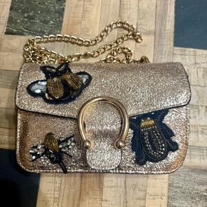 Steve Madden Rose Gold Metallic Crossbody Bag with Embellished Bee Appliqués